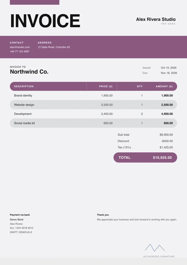 Blossom invoice template preview