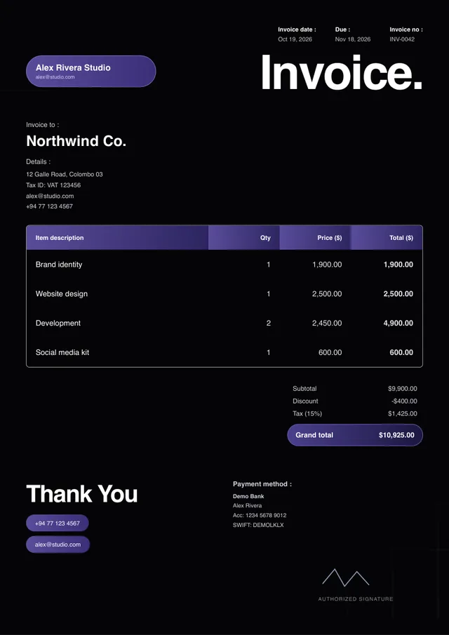 Midnight invoice template preview
