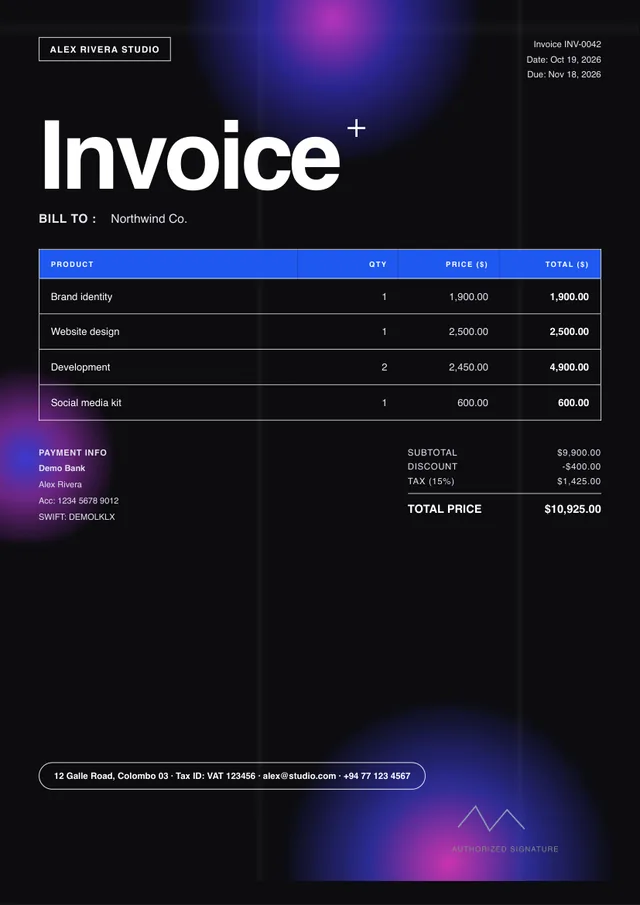 Neon invoice template preview
